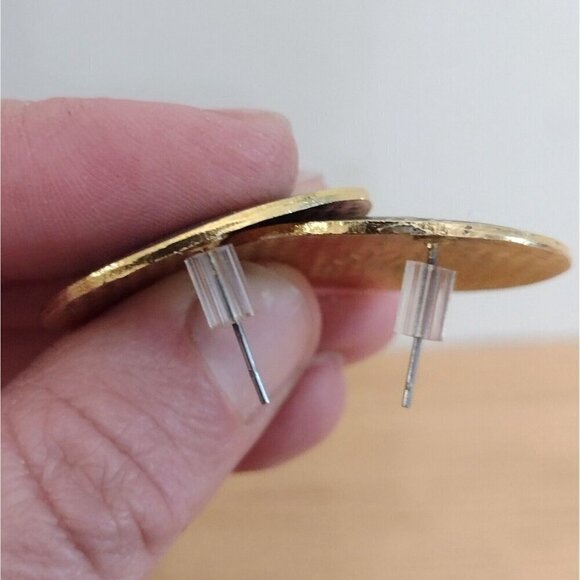 Vintage Signed SITI Cloisonne Enamel Round Earrings Blue Gold 90s Geometric - Picture 3 of 4